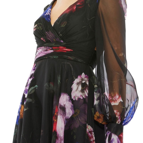 Mac Duggal Black Floral Print Chiffon Long Sleeve Maxi Dress - Picture 3 of 9